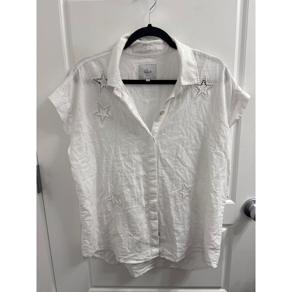 Rails Jamie White Eyelet Stars Linen Blend Button Down Shirt Large Cap Sleeve